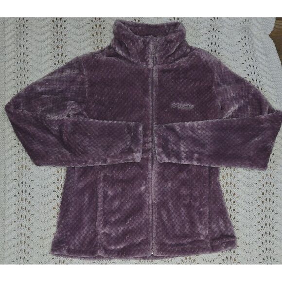 Columbia Womens Fuzzy Jacket Sz Large Purple Full Zip Fleece Pockets Cozy Warm - Picture 1 of 16